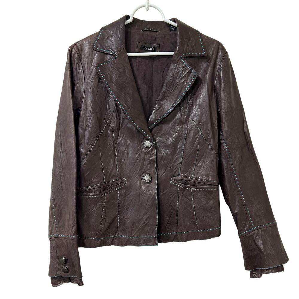 Tahari Womens Size Large Brown Genuine Leather Blazer Jacket Blue Thread Western